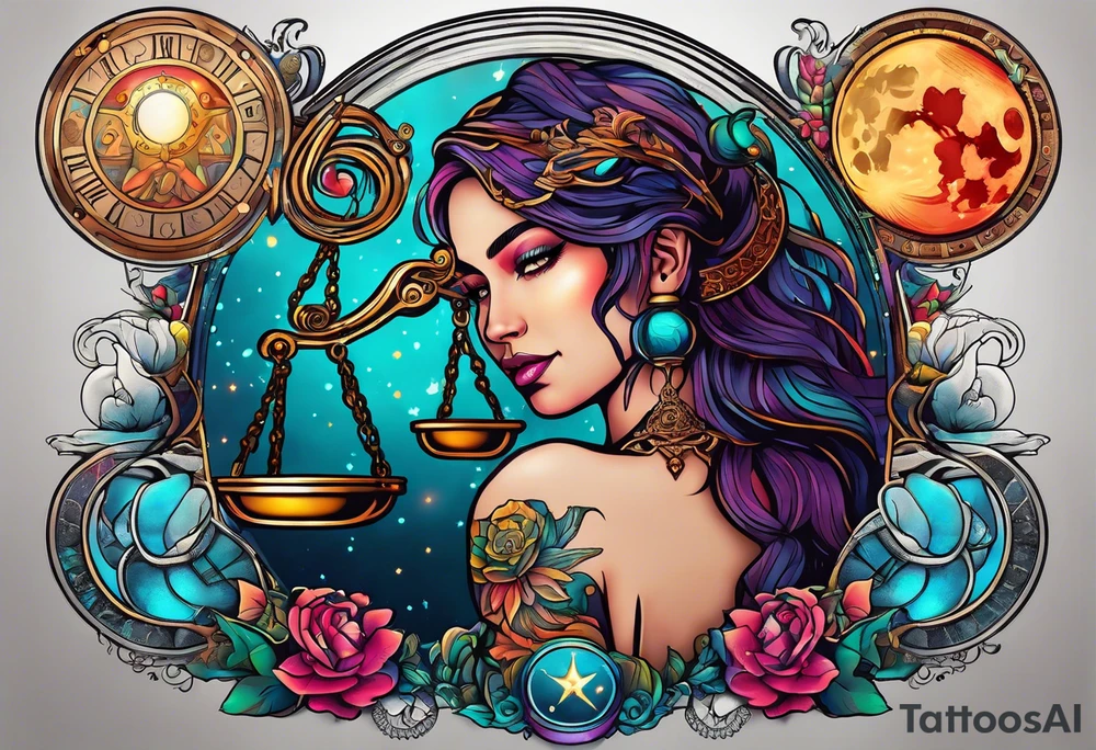 Libra woman holding scales with a night zodiac background including a half moon that encircles half of the woman with vibrant colors tattoo idea