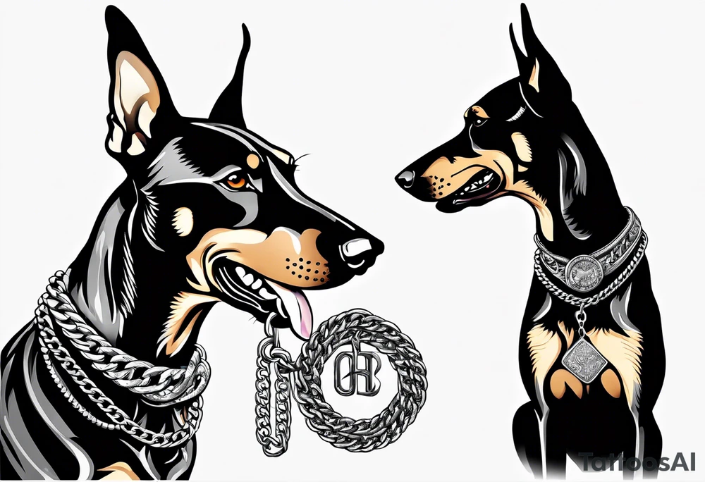 Doberman dog being aggressive with chain around his neck tattoo idea