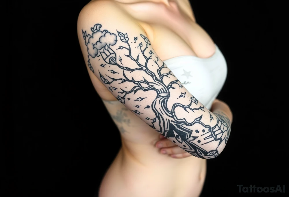 right arm sleeve, tree branch made of stone, clouds and lightning mixed throughout, tattoo idea