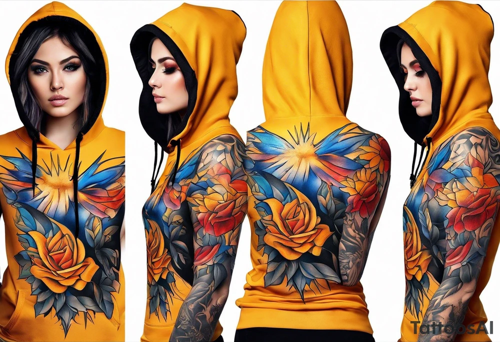 Orange yellow red blue hooded woman blood scars tattoo idea