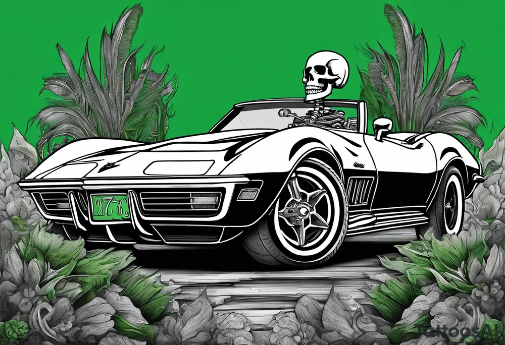 Skeleton smoking a cigarette driving a green 1976 convertible Corvette tattoo idea