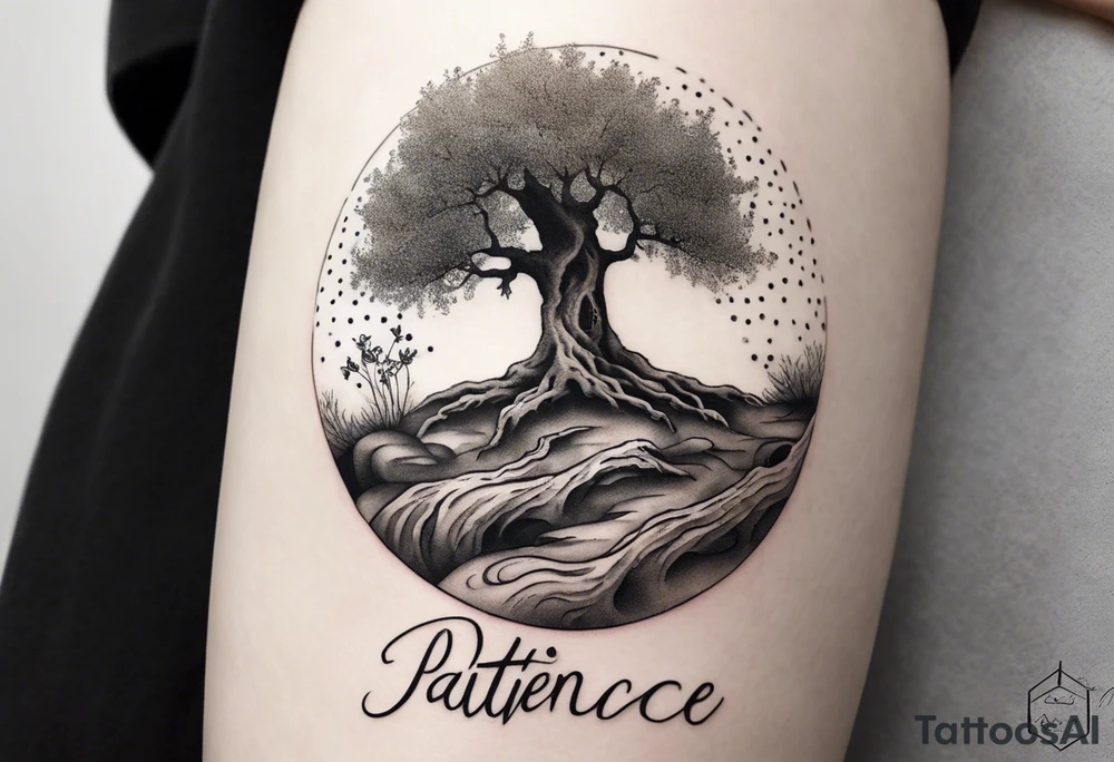 And olive tree with exposed roots, writing out “patience” in Korean, next to a tree stump with exposed rings, and a small Poppy flower growing out of the ground tattoo idea