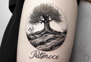 And olive tree with exposed roots, writing out “patience” in Korean, next to a tree stump with exposed rings, and a small Poppy flower growing out of the ground tattoo idea