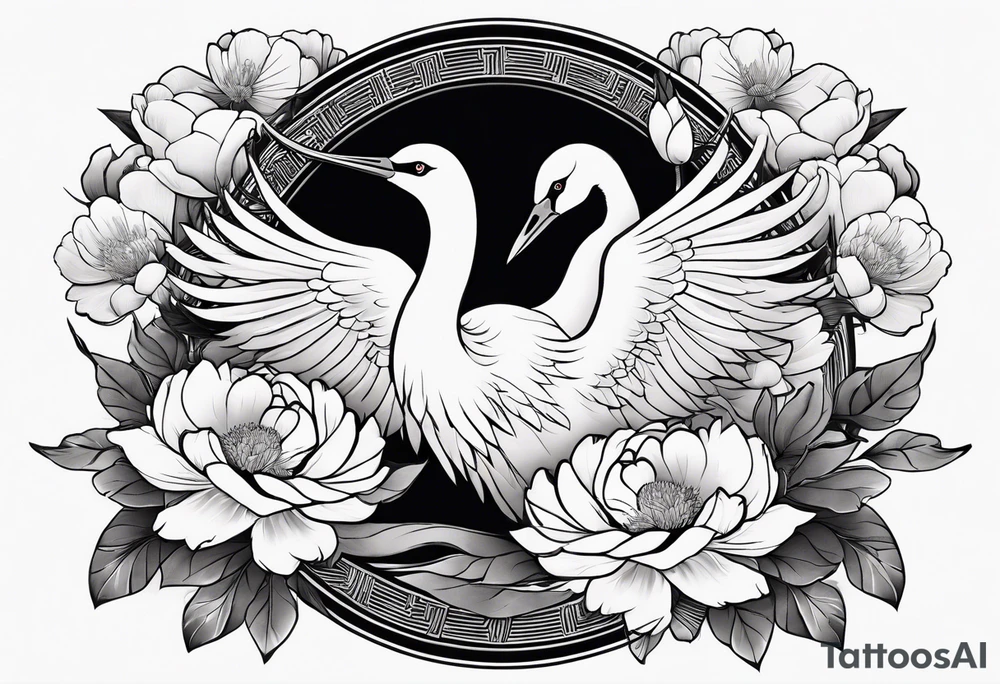 Japanese crane with peonies for arm sleeve tattoo tattoo idea