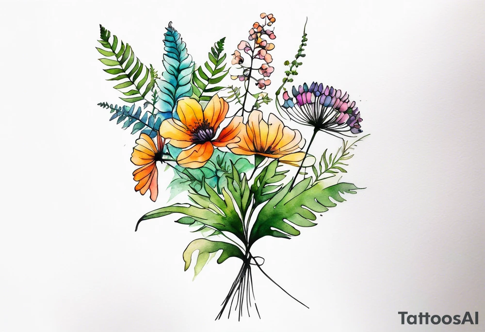 Multi colored wild flowers long stems bouquet with ferns all watercolor tattoo idea