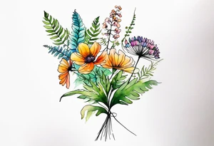 Multi colored wild flowers long stems bouquet with ferns all watercolor tattoo idea