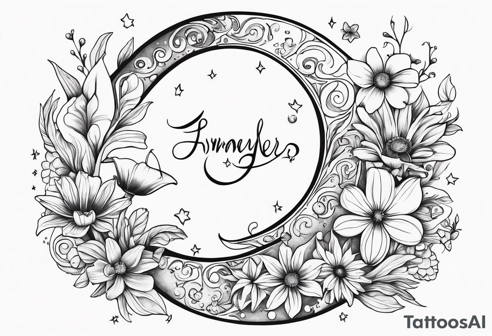 Crescent moon with daisy's, lily’s, crystals, and mushrooms tattoo idea
