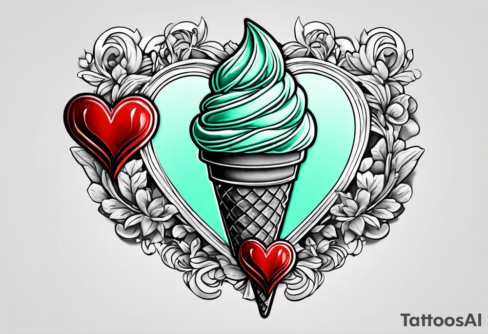 mint chocolate chip ice cream cone with small red heart on it somewhere. tattoo idea