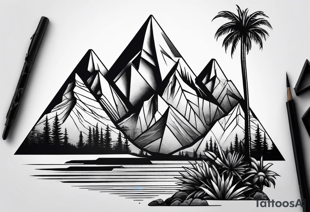 Mountains in a triangle with palm trees tattoo idea
