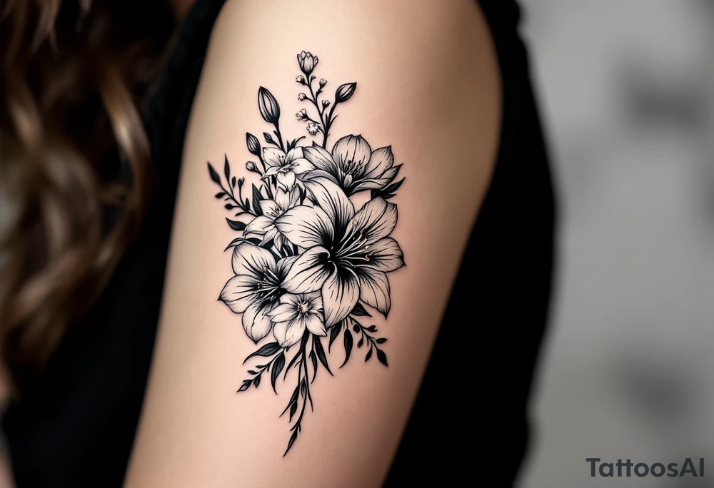 flower arrangement with spider lilies, tulip, cherry blossom tattoo idea