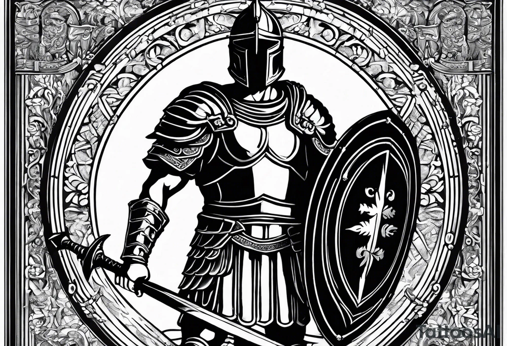 high quality black and white illustration, full body image, a strong tall roman centurion, wearing armour, wearing a belt, wearing a metal breastplate, holding a large shield, wearing a helmet, holding a sword. Flaming arrows are being fired at the centurion, he is blocking the arrows with his shield tattoo idea