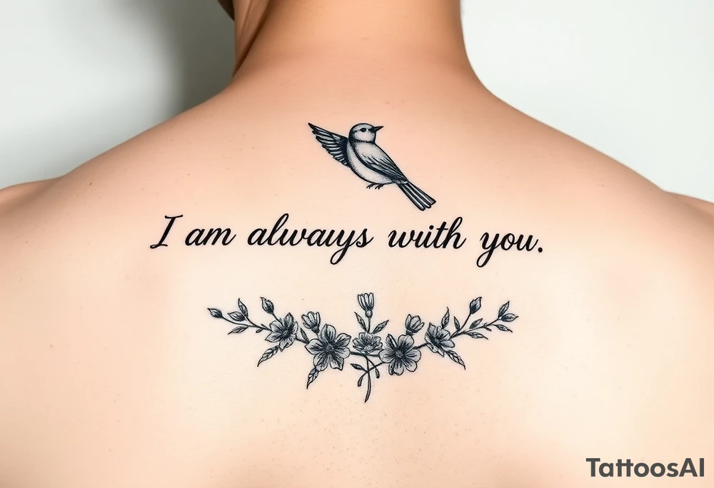 Bible verse “I am always with you Matthew 28:20” going horizontal down the spine  with a dainty bird on top with small flowers on the bottom tattoo idea