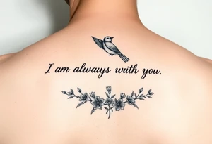 Bible verse “I am always with you Matthew 28:20” going horizontal down the spine  with a dainty bird on top with small flowers on the bottom tattoo idea