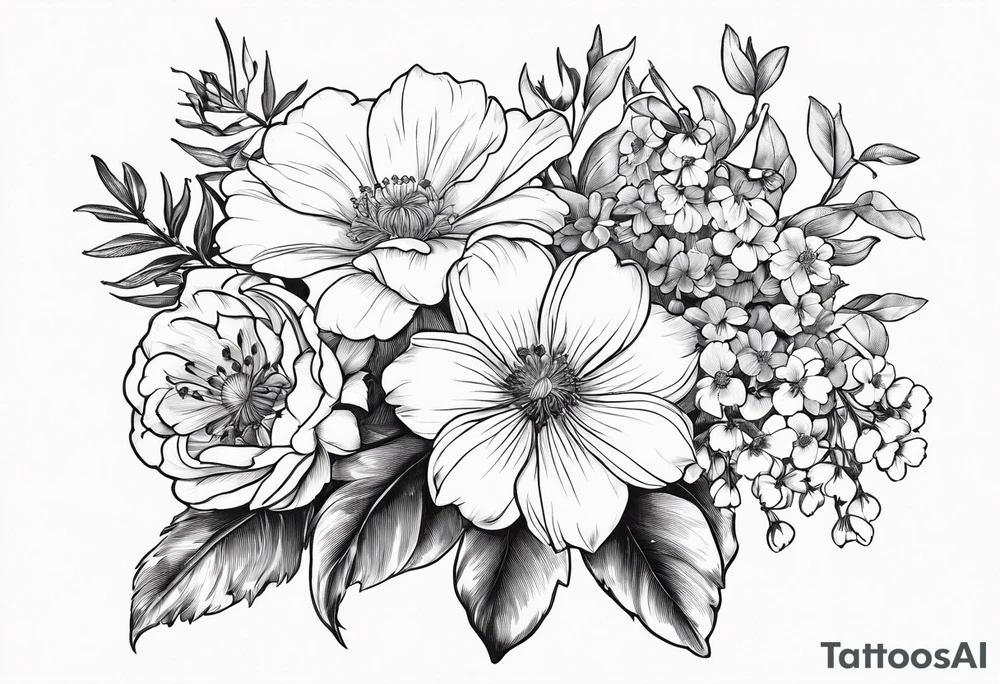 Bouquet of flowers with Two carnations, Two daffodils, One snowdrop, One hawthorn flower, Two honeysuckle blooms, One rose, One chrysanthemum, one cosmos, one marigold, one morning glory, one aster tattoo idea