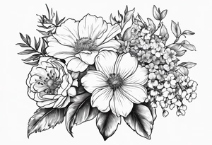Bouquet of flowers with Two carnations, Two daffodils, One snowdrop, One hawthorn flower, Two honeysuckle blooms, One rose, One chrysanthemum, one cosmos, one marigold, one morning glory, one aster tattoo idea