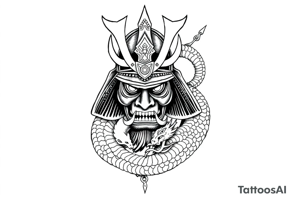 Samurai helmet tattoo design with dragon wrapped around, black and grey ink, Japanese tattoo style, intricate armor, fierce expression, mythological energy, tattoo linework, medium forearm size, symmetrical design tattoo idea