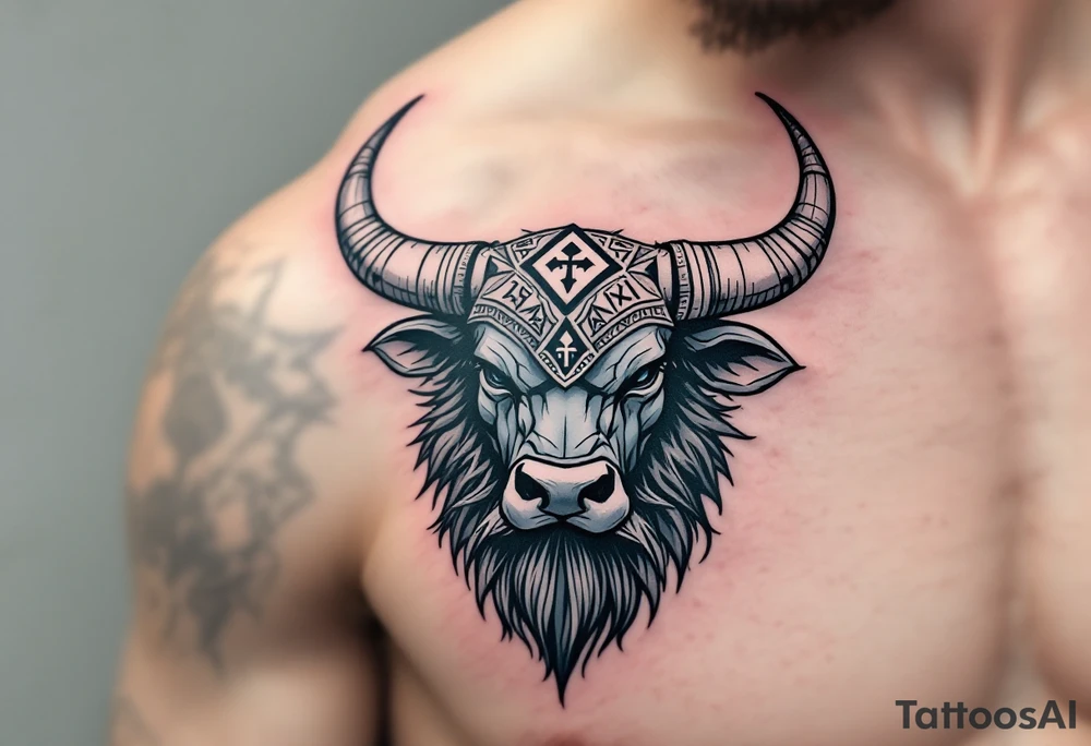 Viking Bull Head – Nordic-style bull head in cold steel gray and charcoal, beard-like fur under the chin, and runic symbols carved into the horns. tattoo idea