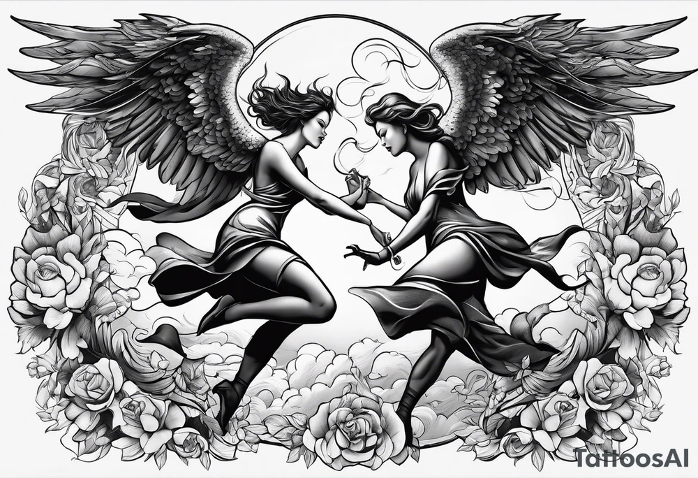 angel woman and devil woman fighting, arguing on the sky , big wingsand full body  , angel at the right , tattoo idea