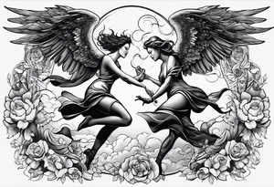 angel woman and devil woman fighting, arguing on the sky , big wingsand full body  , angel at the right , tattoo idea
