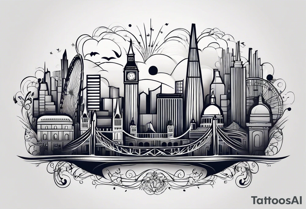 A minimalistic, abstract design capturing the architectural essence and vibe of London. Key elements of London’s skyline and structure are hinted at with clean lines, and subtle detailing includes personal touches, like a nod to Feid’s signature look (hat, glasses, mustache), integrated discreetly to honor a memorable concert experience. tattoo idea