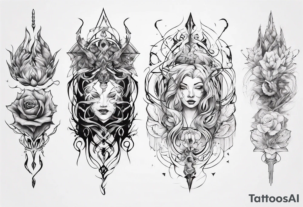 Create a tattoo with five separate images that are connected vertically by a single line tattoo idea