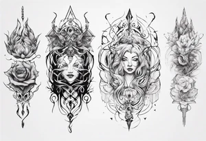 Create a tattoo with five separate images that are connected vertically by a single line tattoo idea