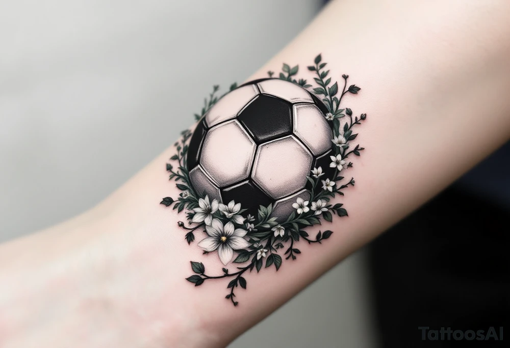 A shaded black soccer ball with green vines and small white flowers wrapping it. tattoo idea