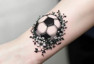 A shaded black soccer ball with green vines and small white flowers wrapping it. tattoo idea