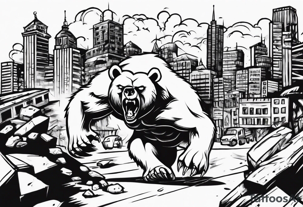 Angry bear coming up behind a city tattoo idea