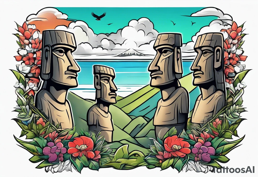Upper arm piece of Easter island heads with an island landscape and hawk circling above tattoo idea