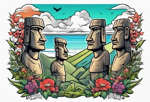 Upper arm piece of Easter island heads with an island landscape and hawk circling above tattoo idea