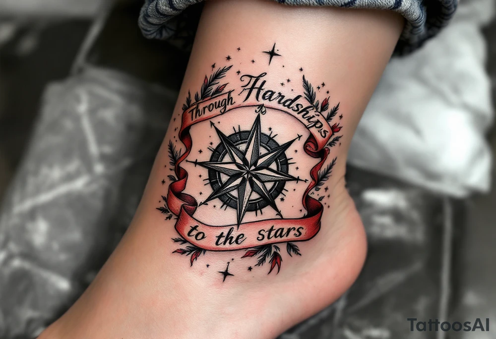 Wrapped in a crimson banner, the phrase “Through Hardships to the stars” winds around a black-inked compass rose. tattoo idea