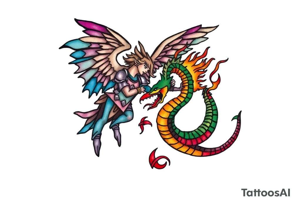 Please create a stained glass style tattoo design featuring an angel and a sea serpent battling each other. The angel should be depicted with dynamic wings and armor, and the sea serpent should have fiery breath and a menacing appearance. Both should be designed in a classic stained glass style, with bold black outlines and vibrant, rich colors. The design should reflect the detailed, intricate patterns typical of stained glass art, giving it a bold and striking visual effect tattoo idea