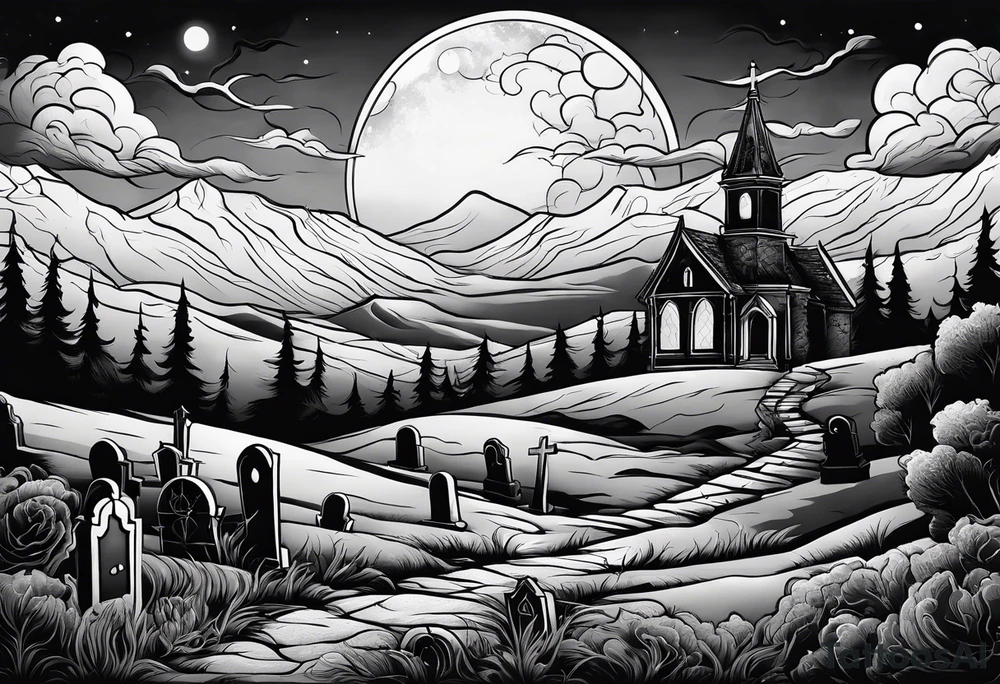 Graveyard with moon and smoke  on hills with clouds tattoo idea