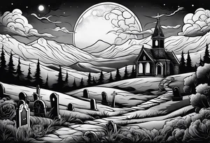 Graveyard with moon and smoke  on hills with clouds tattoo idea