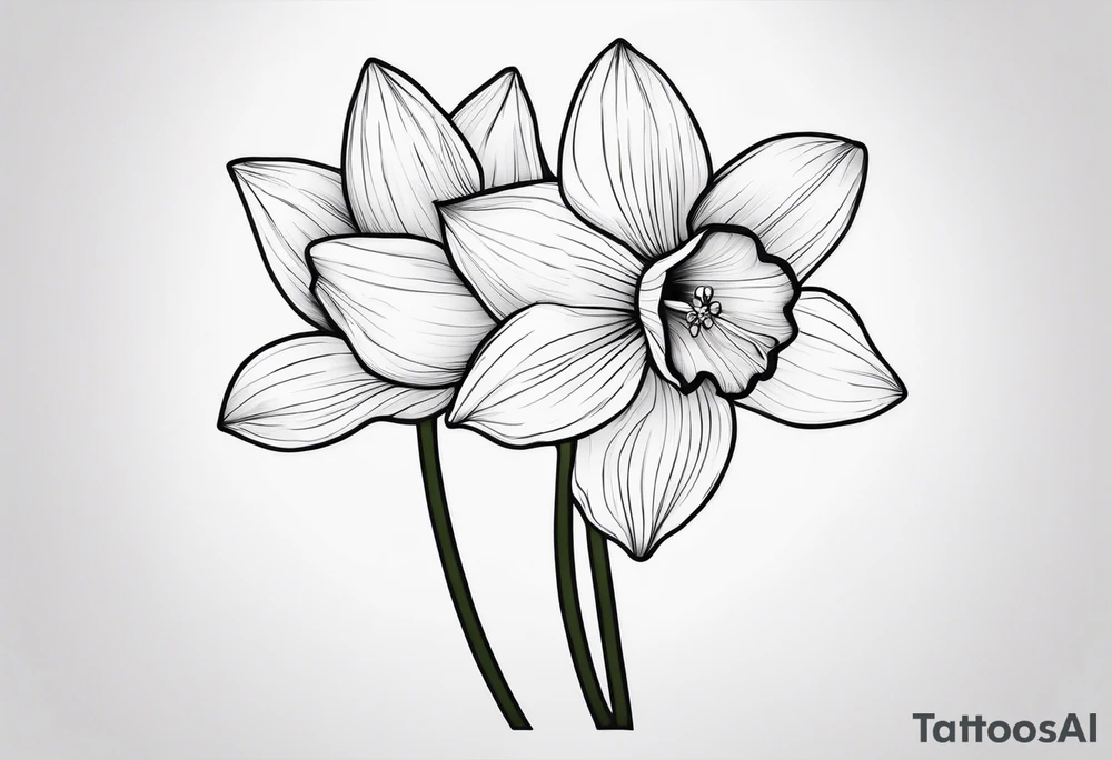 A minimalist daffodil flower. Let the daffodil flower be minimalist and have yellow lines. And has a 52o flowers. Let the stem of the flower extend downwards and instead of the stem write "muadil" in cursive tattoo idea