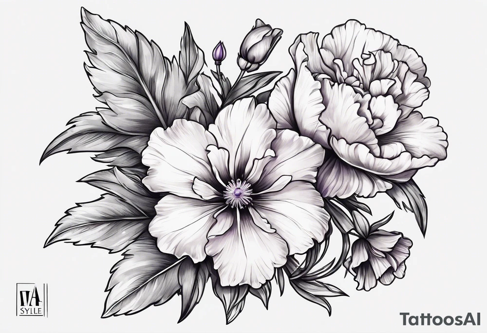 larkspur with stem, carnation with stem, violet, with stem, daisy with stem and tied together with a bow tattoo idea