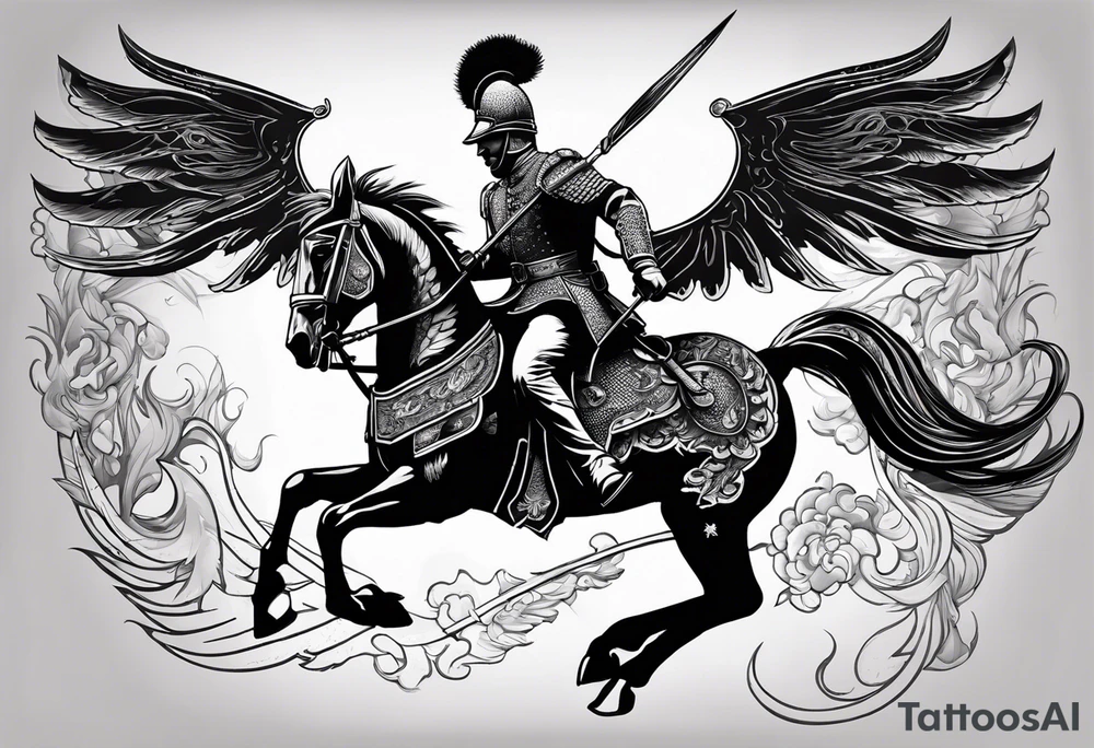 Polish Hussar Cavalry Soldier Rushing towards enemy, wings turned into dragon wings, charging with a spear that breaths fire tattoo idea