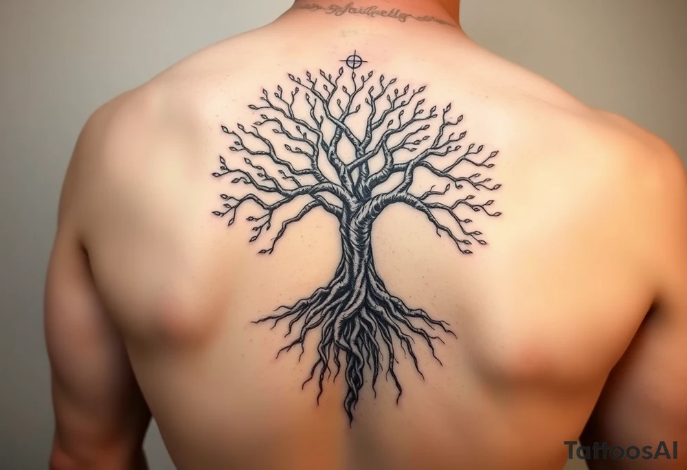 mystical tree of life with cosmic roots and celestial branches tattoo idea