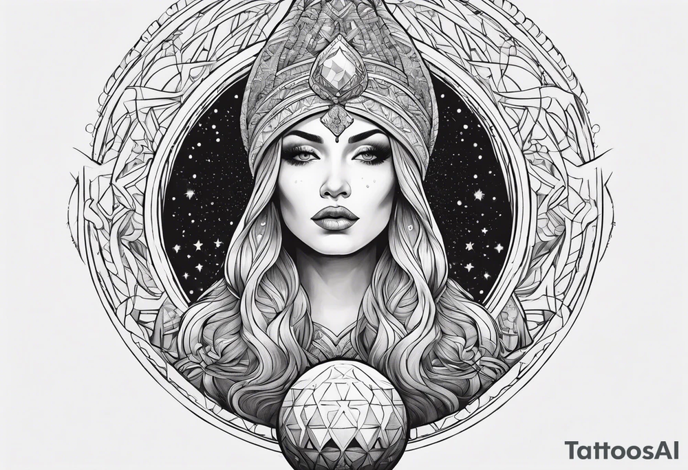 Woman holding orb of divinity directly over her head tattoo idea Woman holding orb of divinity directly over her head tattoo idea
