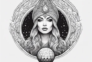 Woman holding orb of divinity directly over her head tattoo idea