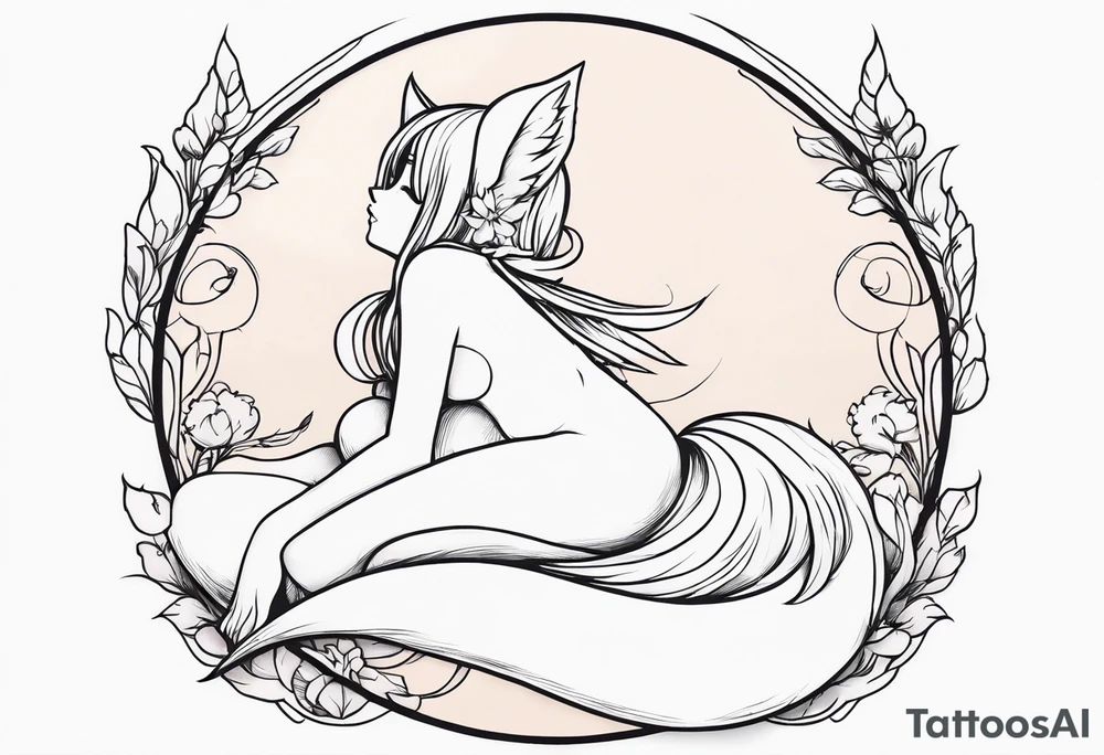 No color fairy with a tail inspired by the anime show called Fairy Tail in a fetal position leaning in and forward while sleeping tattoo idea