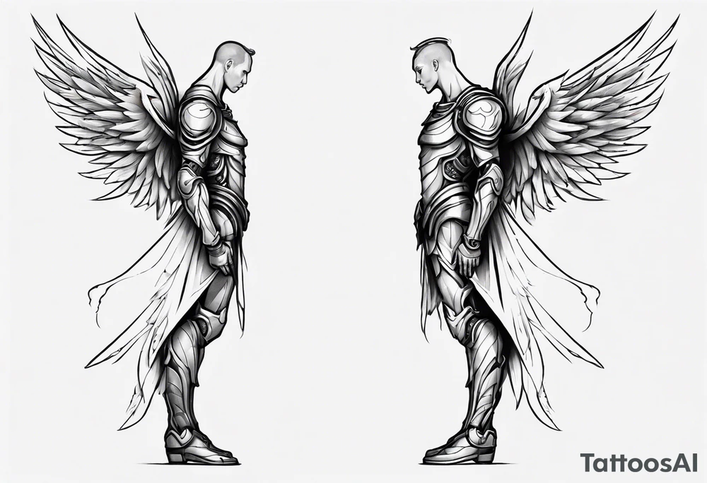 Side view of an angel wearing inorganic armor that is in mid-air stance tattoo idea