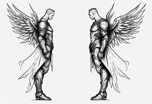 Side view of an angel wearing inorganic armor that is in mid-air stance tattoo idea