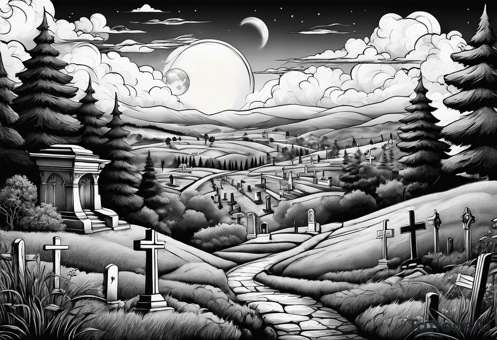 Cemetery on hills with smoke and moon tattoo idea