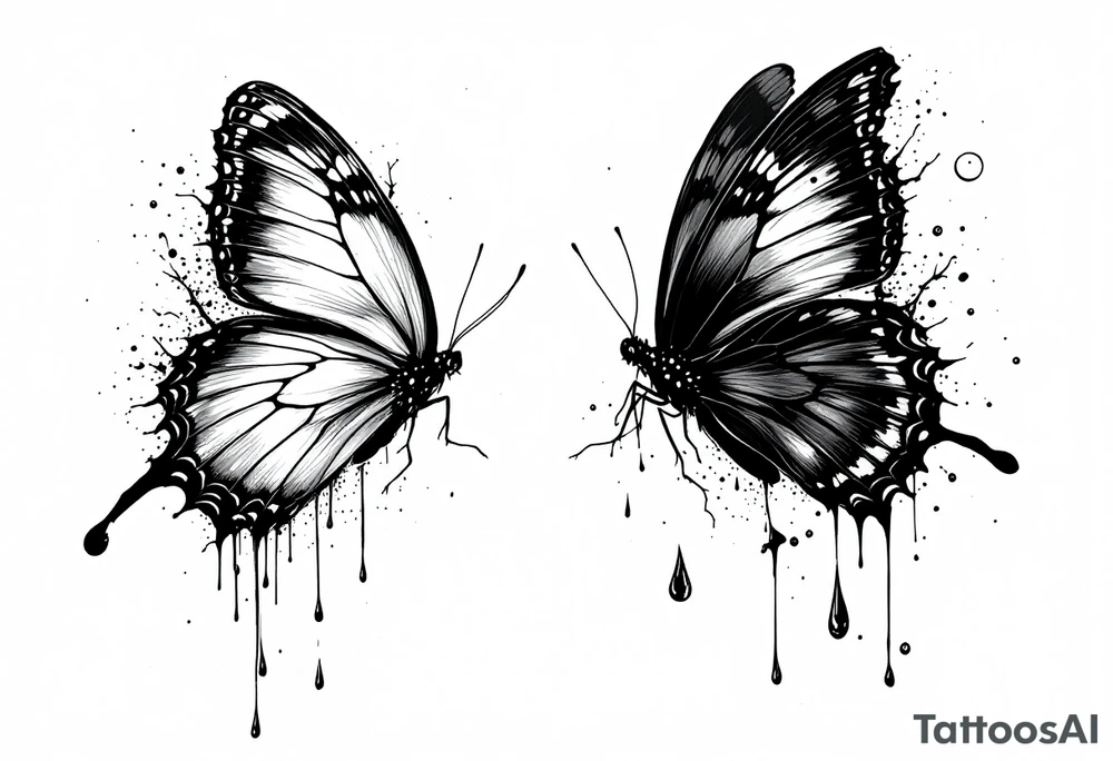 Bleeding butterfly and a second one who is in mental horror style and his placement is left and down from the first one tattoo idea