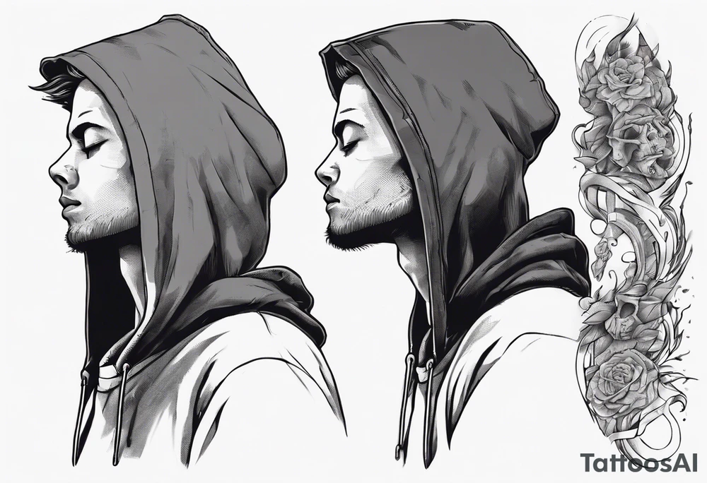 The side view of a person in a hoodie, looking down. tattoo idea