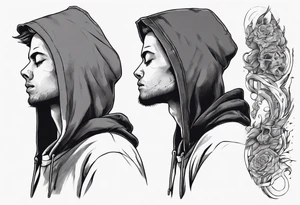 The side view of a person in a hoodie, looking down. tattoo idea