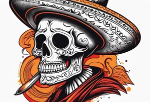 Mexican skull with sombrero with smoke coming out of the bottom orange and red tattoo idea