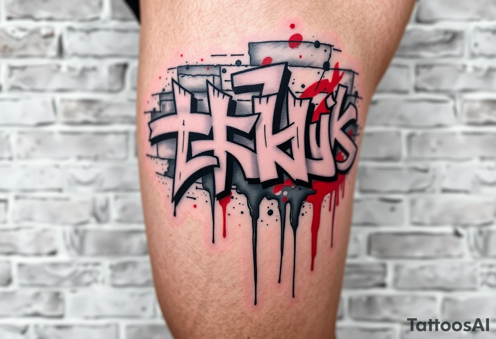 Graffiti style tattoo FULL thigh Using brick wall as a background and then graffiti Over the top, I do not want a lot of color so just primarily black white and gray with a little bit of red tattoo idea